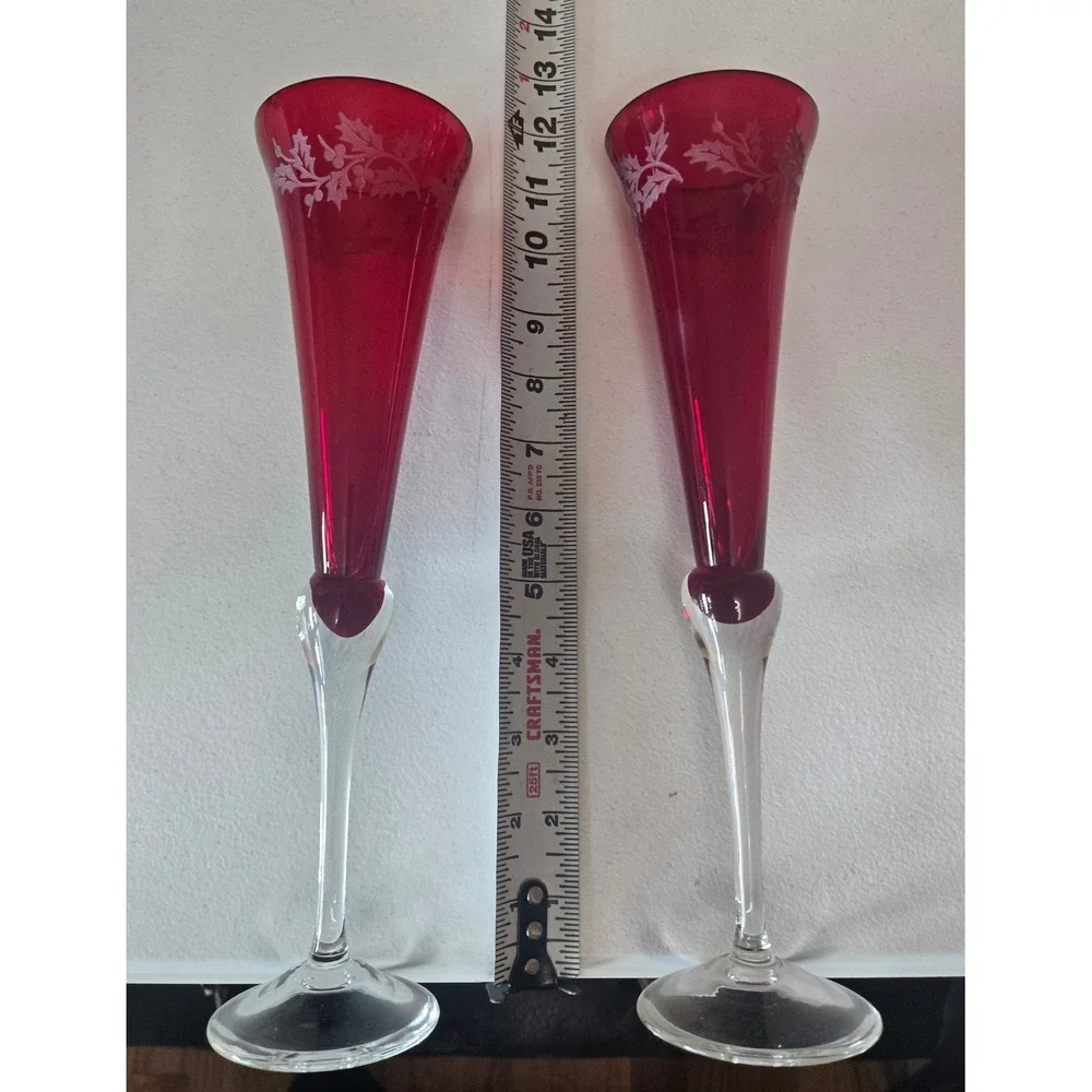 Lenox Holiday Gems Ruby Toasting Flutes Set of 2‎ Red Crystal Boxed 1998